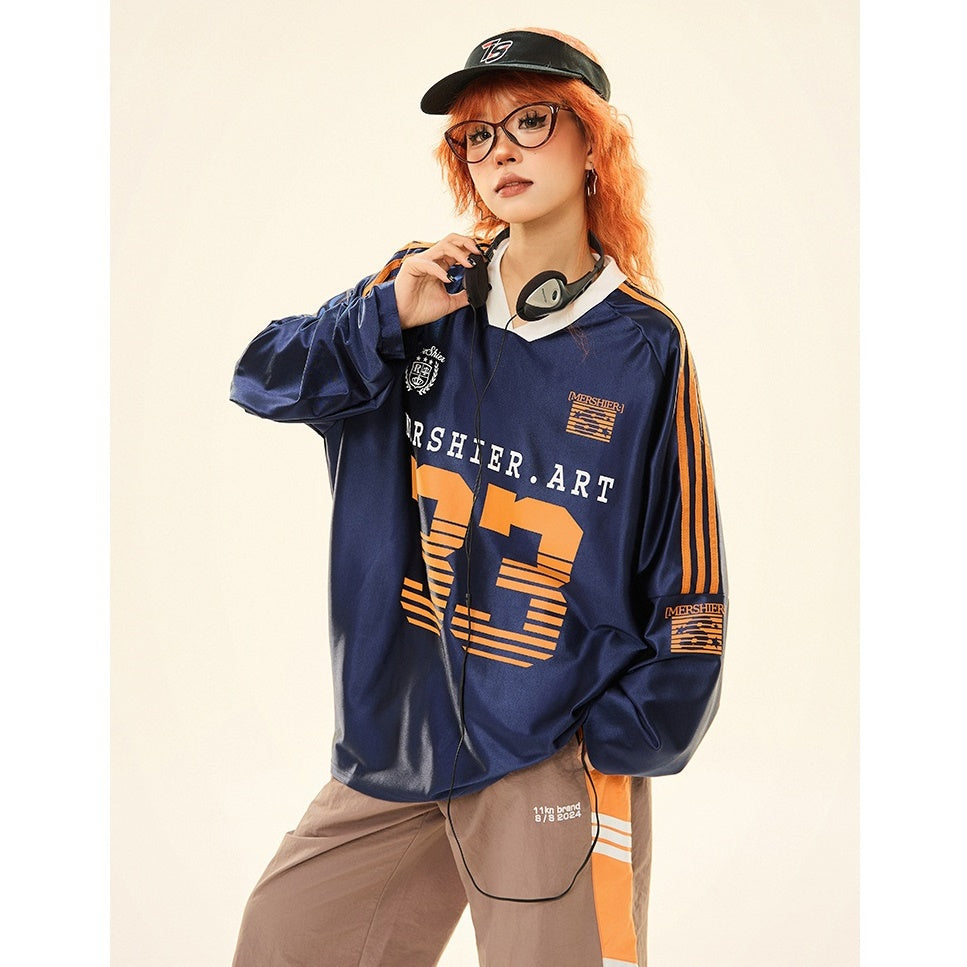 V-neck Sports Style Jersey Long-sleeved T-shirt MW9285