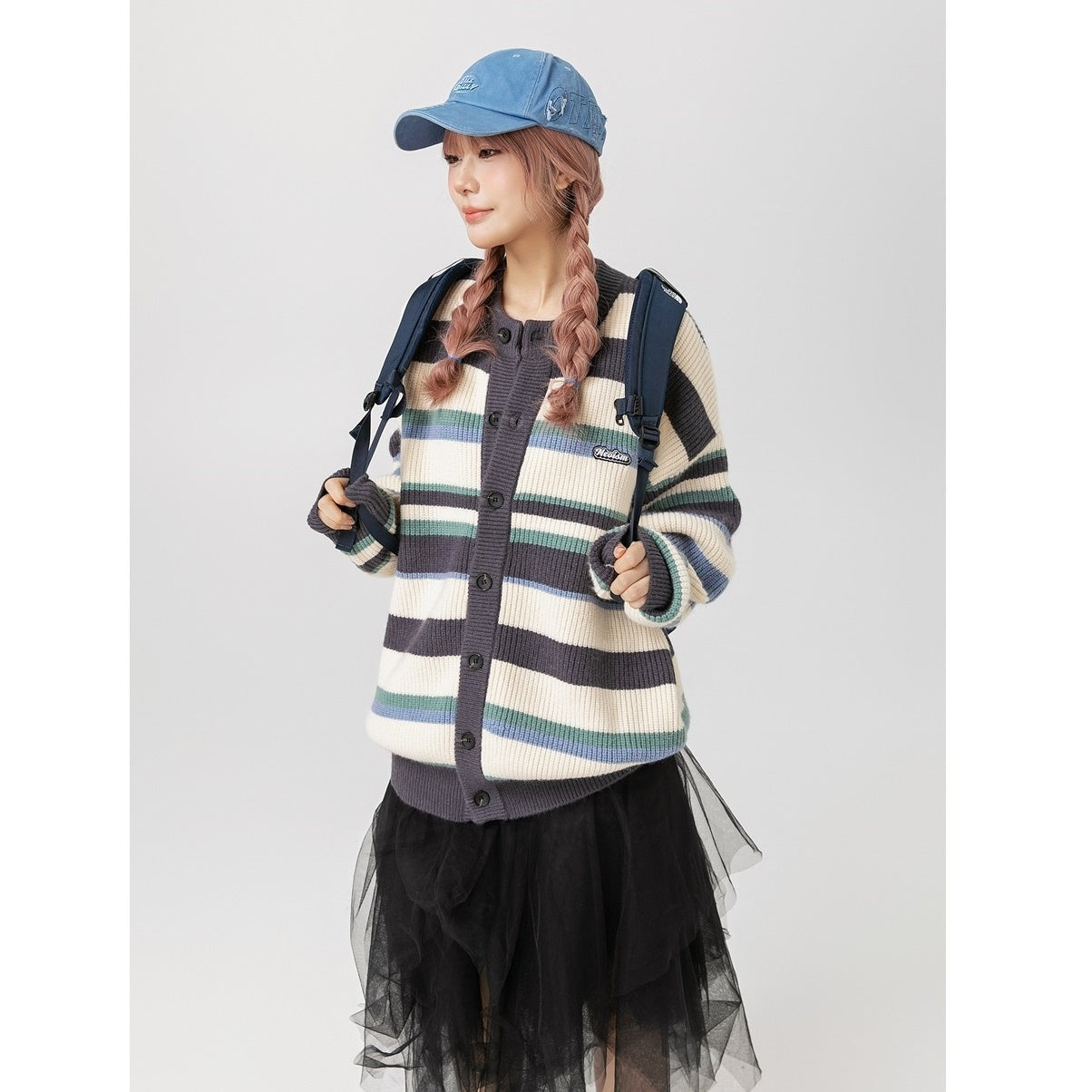 College Style Multi Border Round Neck Knitted Cardigan MY8316