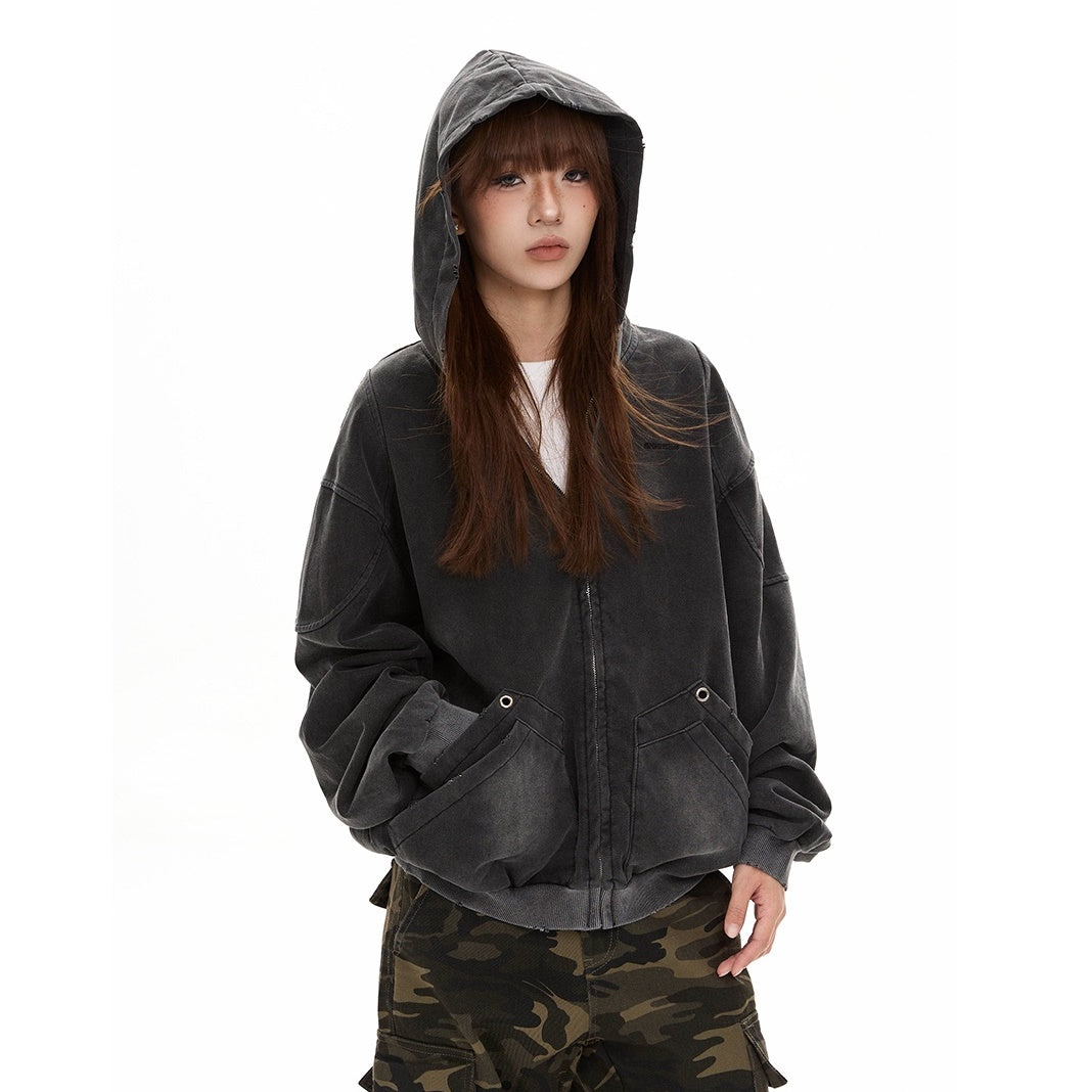 Wash Distressed Hooded Zip-Up Parka MW9493