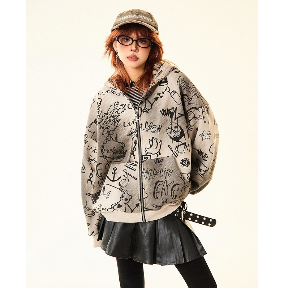 Doberman Ear Hooded Graphic Print Zip-Up Parka MW9701