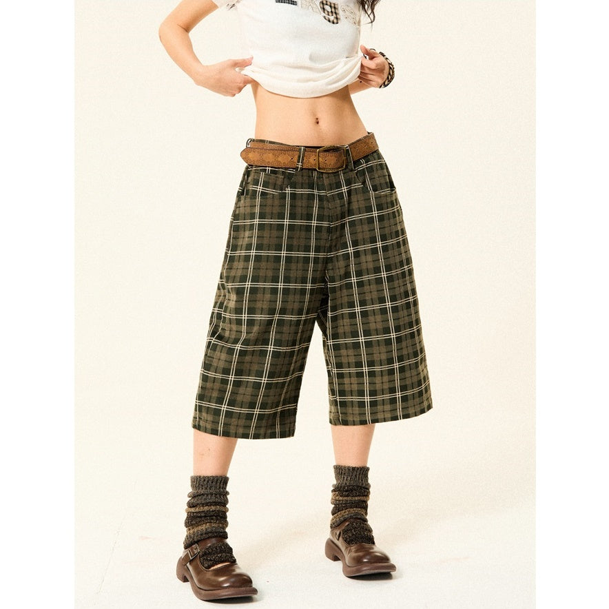 Retro Plaid Straight Leg Loose Cropped Pants YS7011