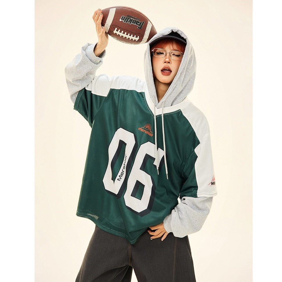 Vintage Fake Layered Sporty Hooded Pullover MW9333