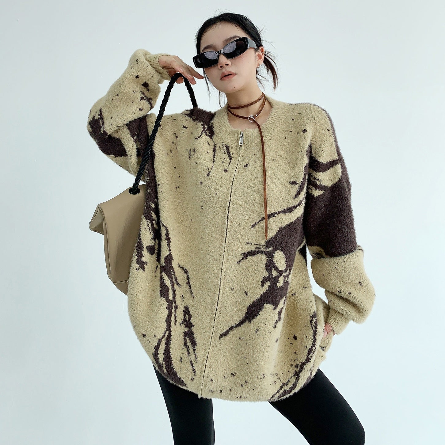 Round Neck Marble Design Loose Knitted Jacket MW9509