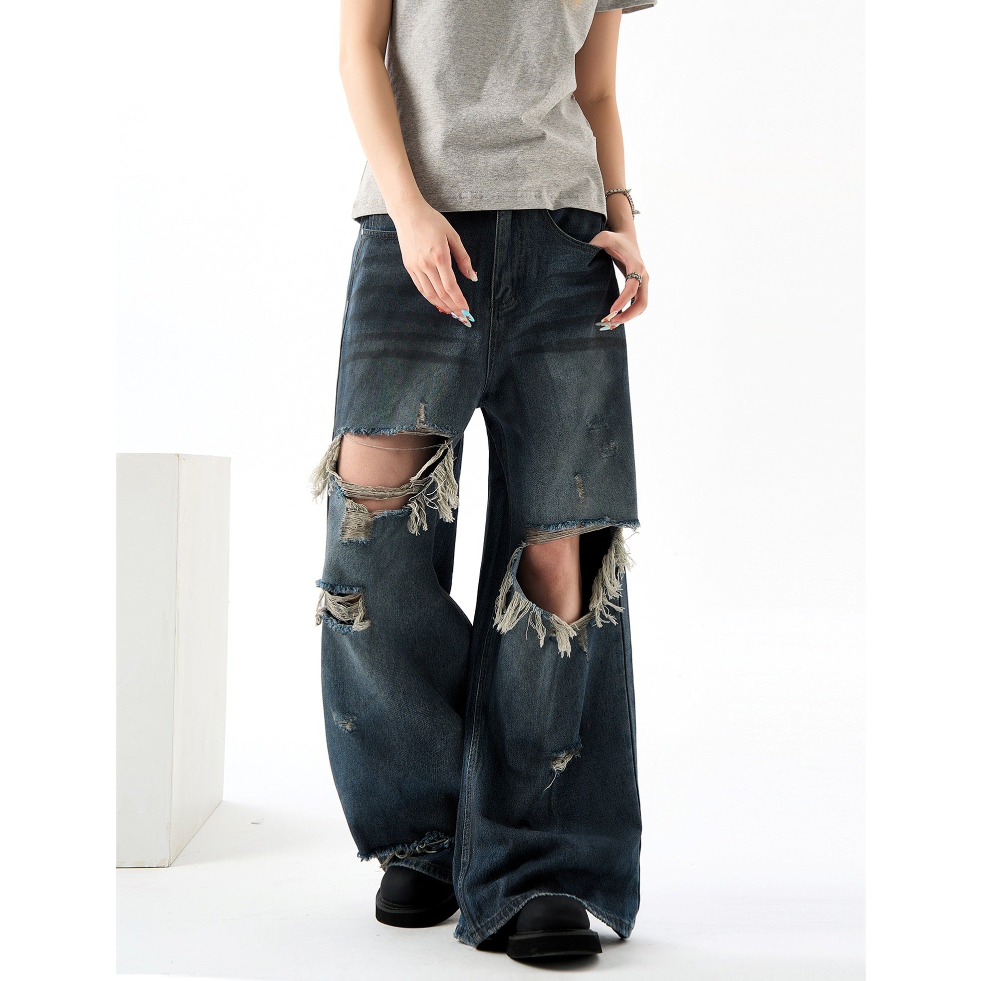 Ripped Street Loose Mop Wide-leg Vintage Jeans HG7171