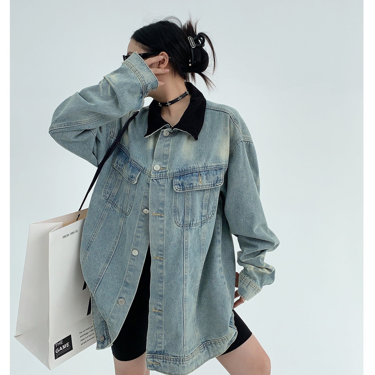 Corduroy Stitched Embroidered Loose Denim Jacket MW9355