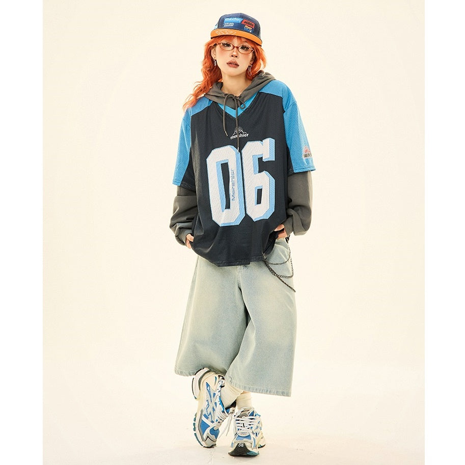 Vintage Fake Layered Sporty Hooded Pullover MW9333