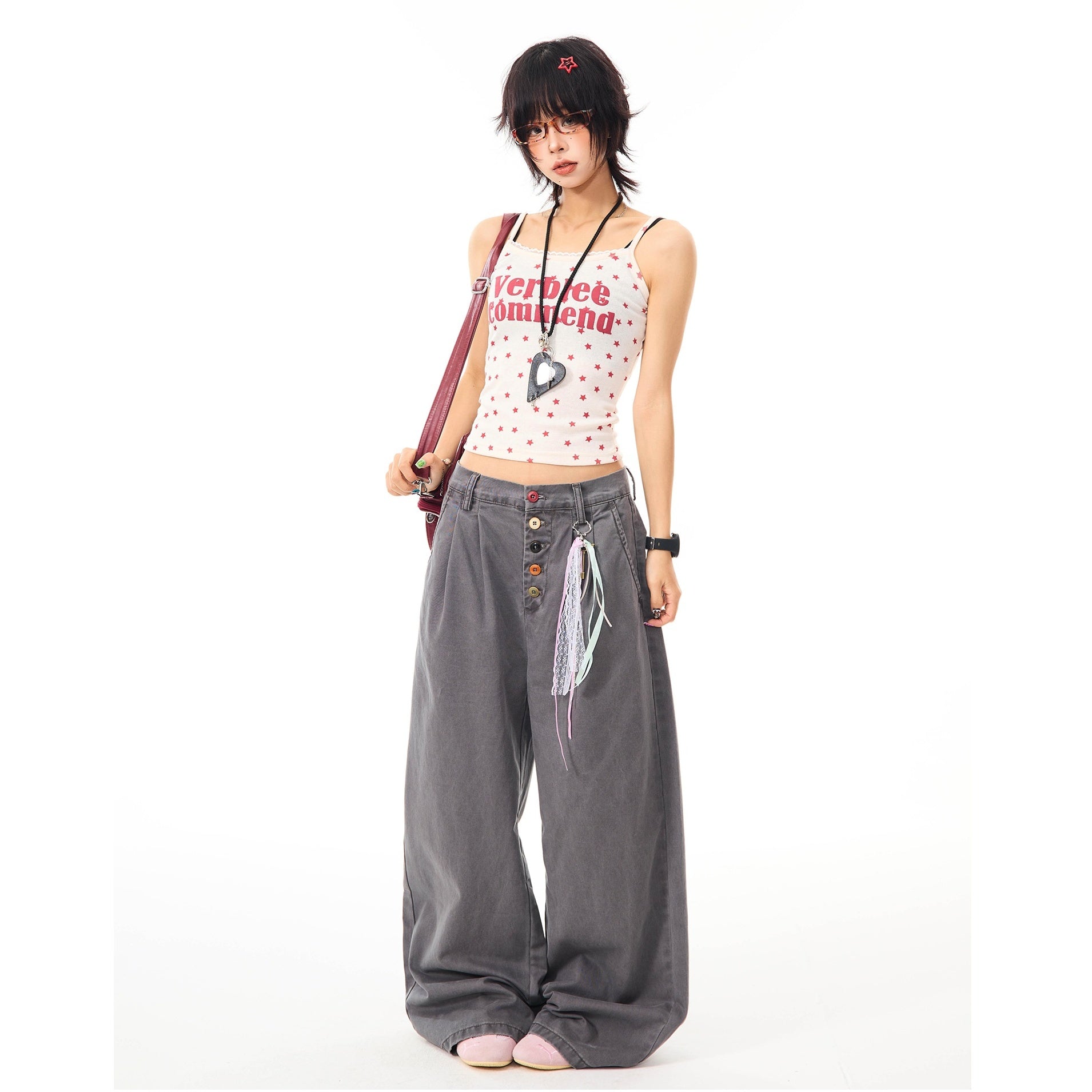 Color Button Wide Straight Pants MW10099