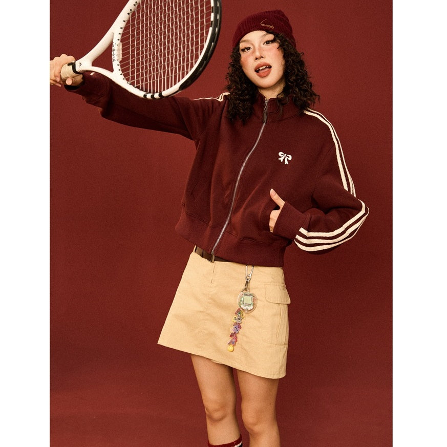 Retro College Bow Embroidery Cropped Track Jacket MW9430