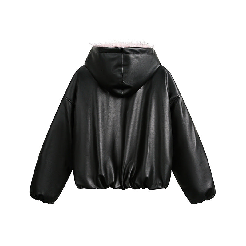 Fur Collar PU Hooded Jacket VI2014