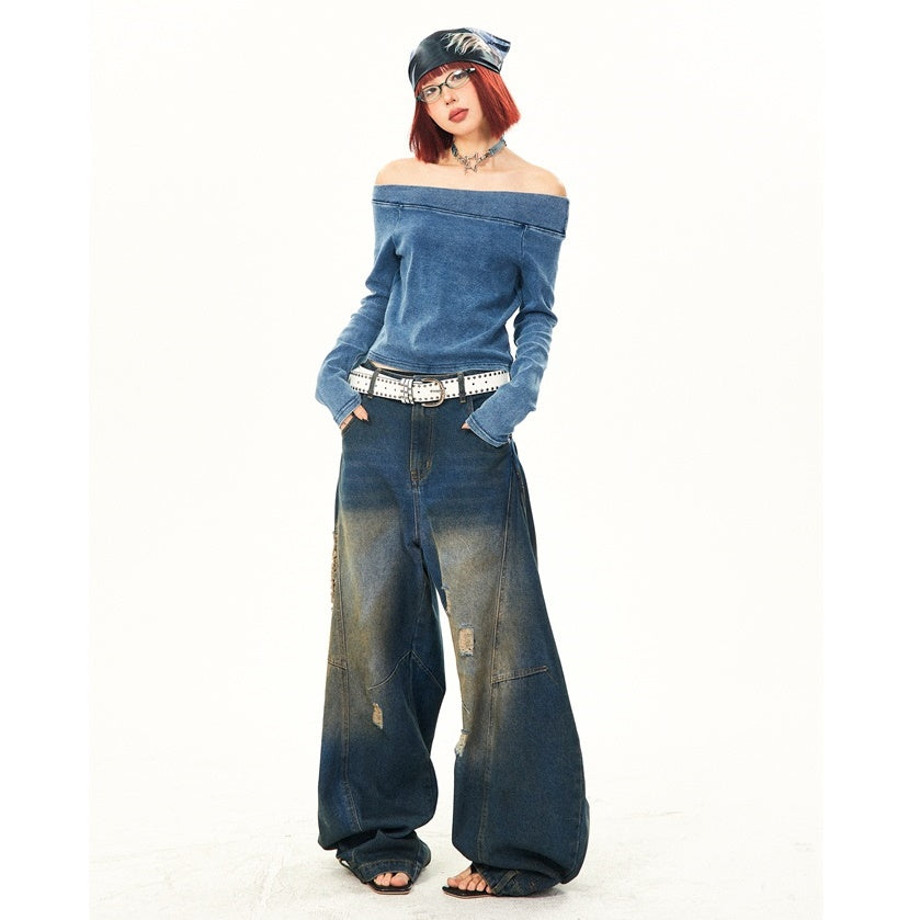 Retro Washed Ripped Stitch Design Loose Jeans YS7007