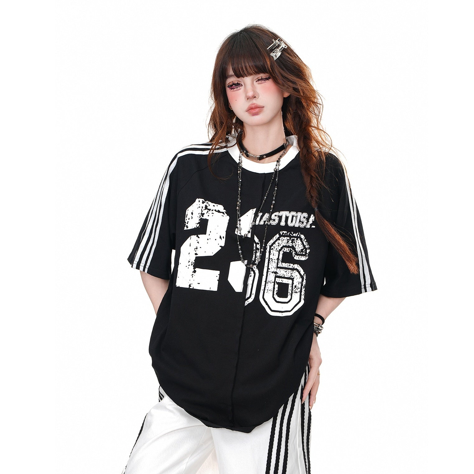 Line Sleeve Switching  Sports T-shirt KK2057