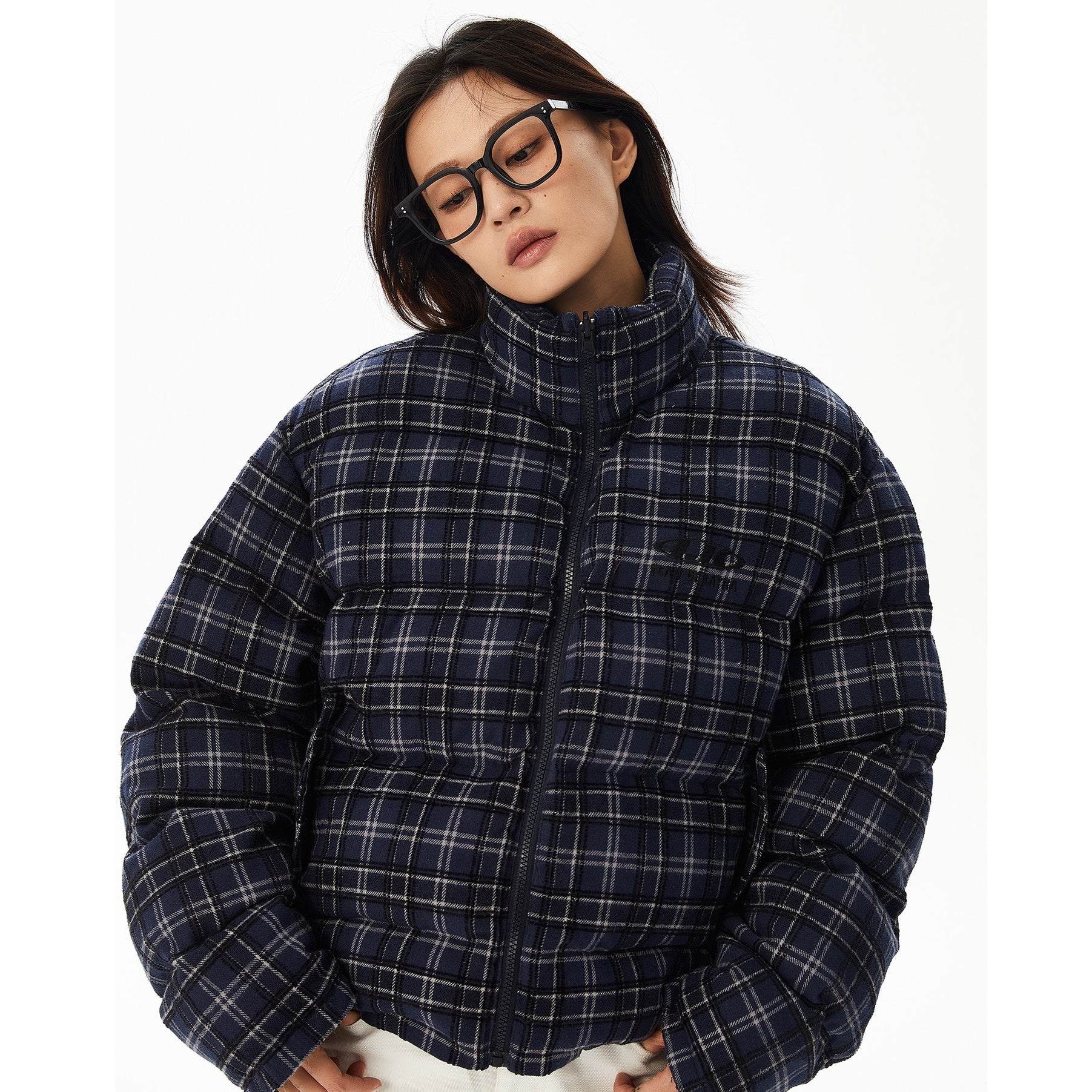 Plaid Reversible Stand Collar Padded Short Jacket MW9623