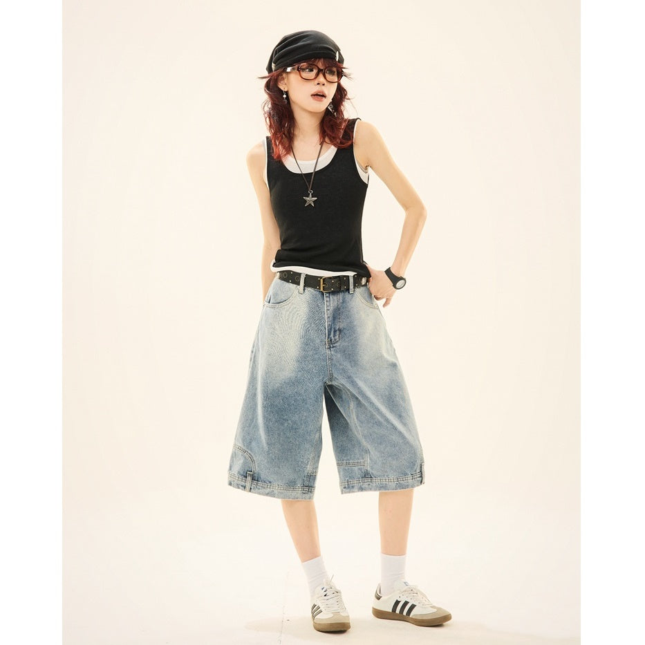 Wash Reverse Design Denim Loose Cropped Pants MW9264