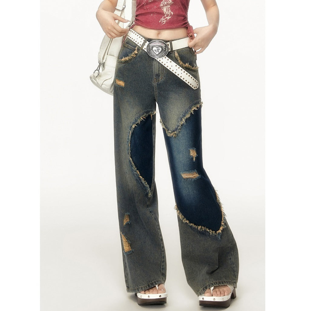 Contrast Color Heart Patchwork Straight Loose Jeans EP1005