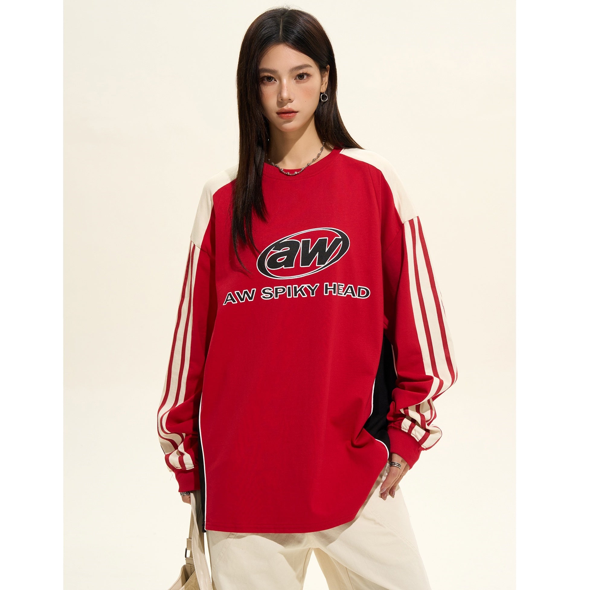 Sporty Contrasting Three-bar Long Sleeve Pullover MW9402