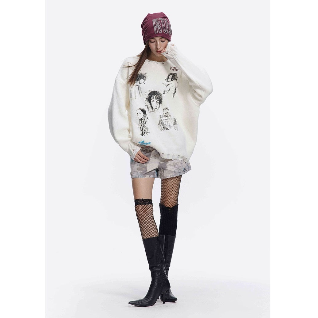 Sketch Print Art Design Loose Damage Sweater MW9617