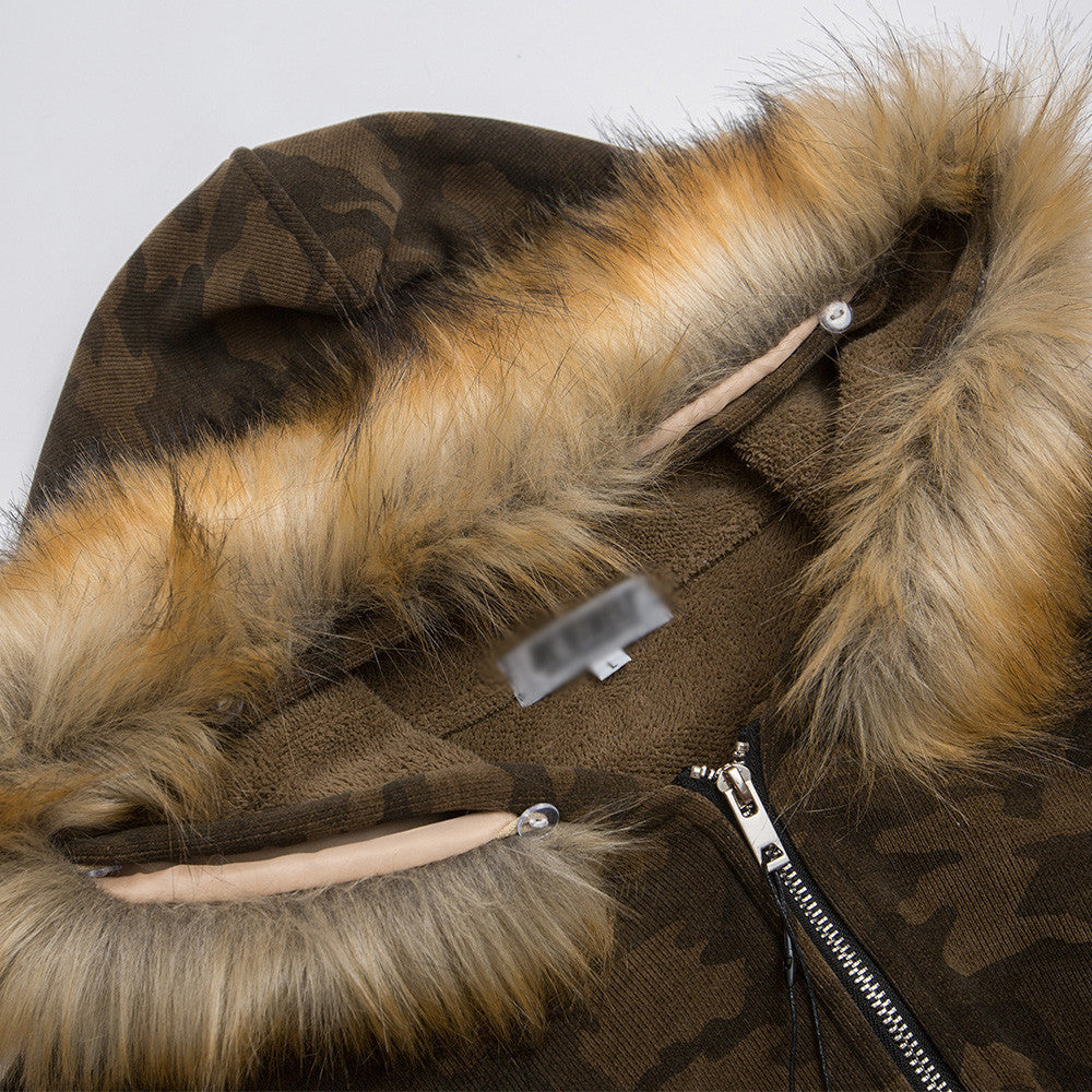 Camouflage Patchwork Fur Collar Hooded Jacket MW10312