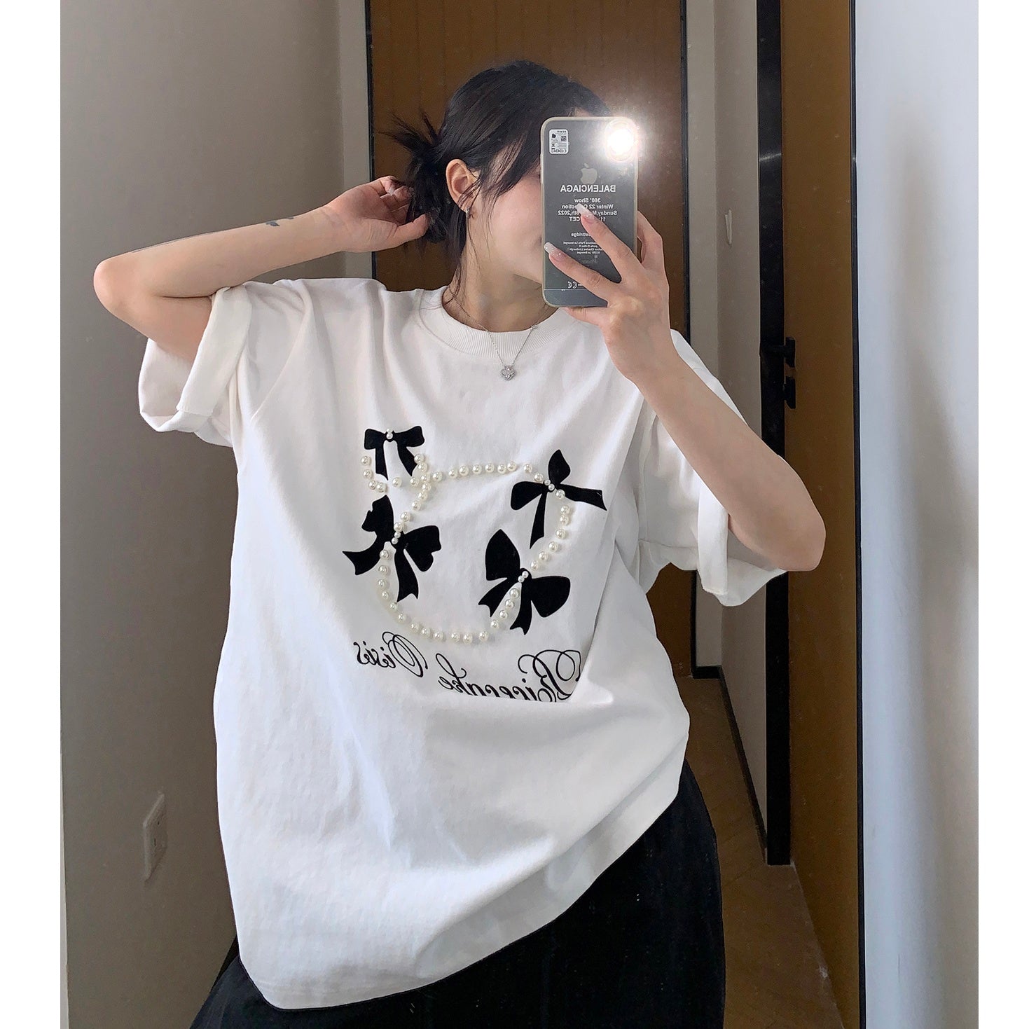 Flocking Bow Beads T-shirt MW10076