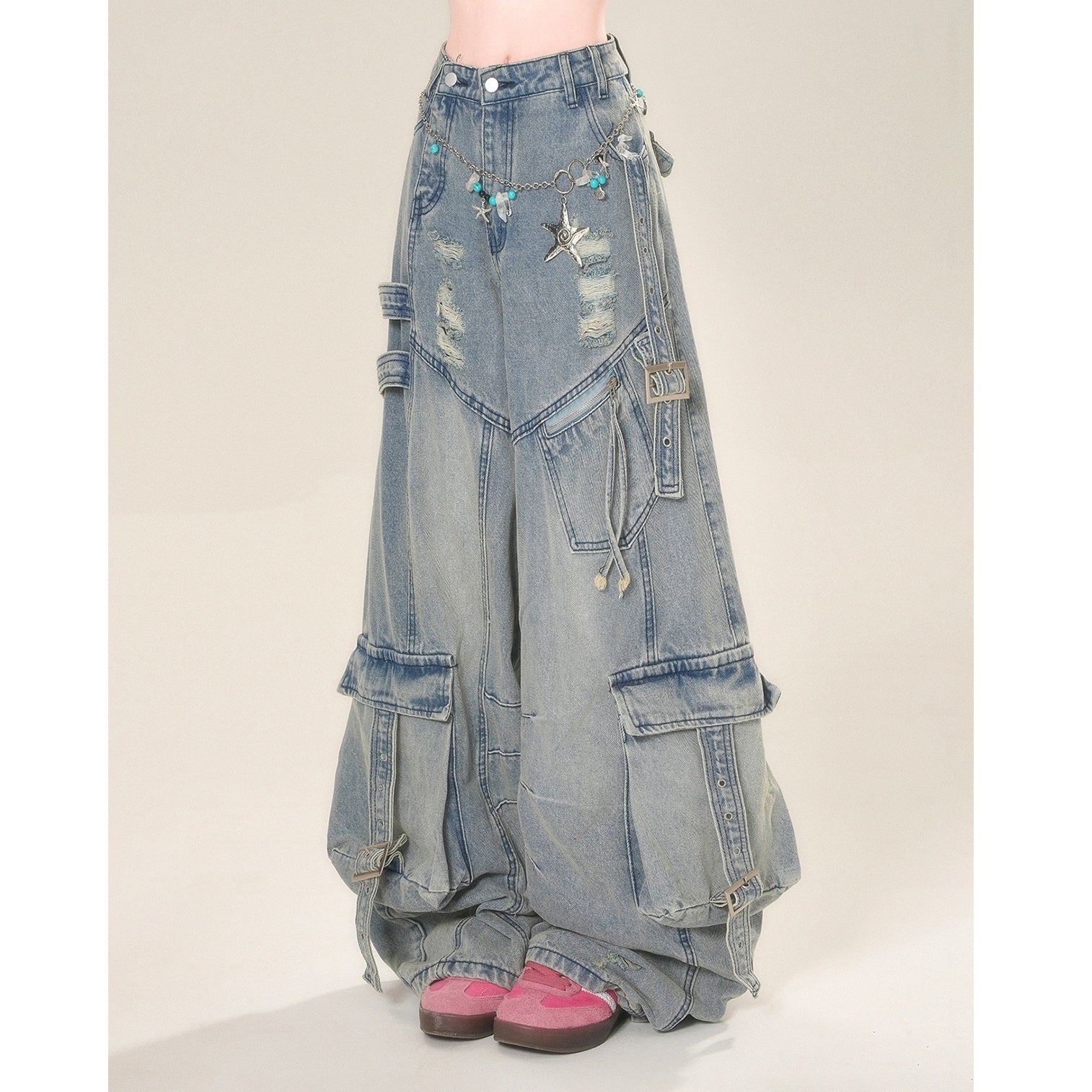 Ripped Wide Buggy Cargo Jeans KK2056