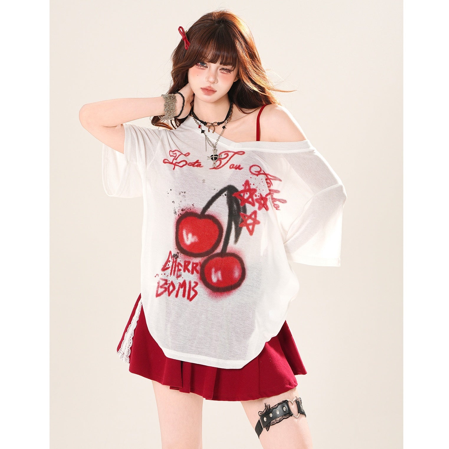 Cherry Print Loose Slanted Shoulder T-Shirt KK2035