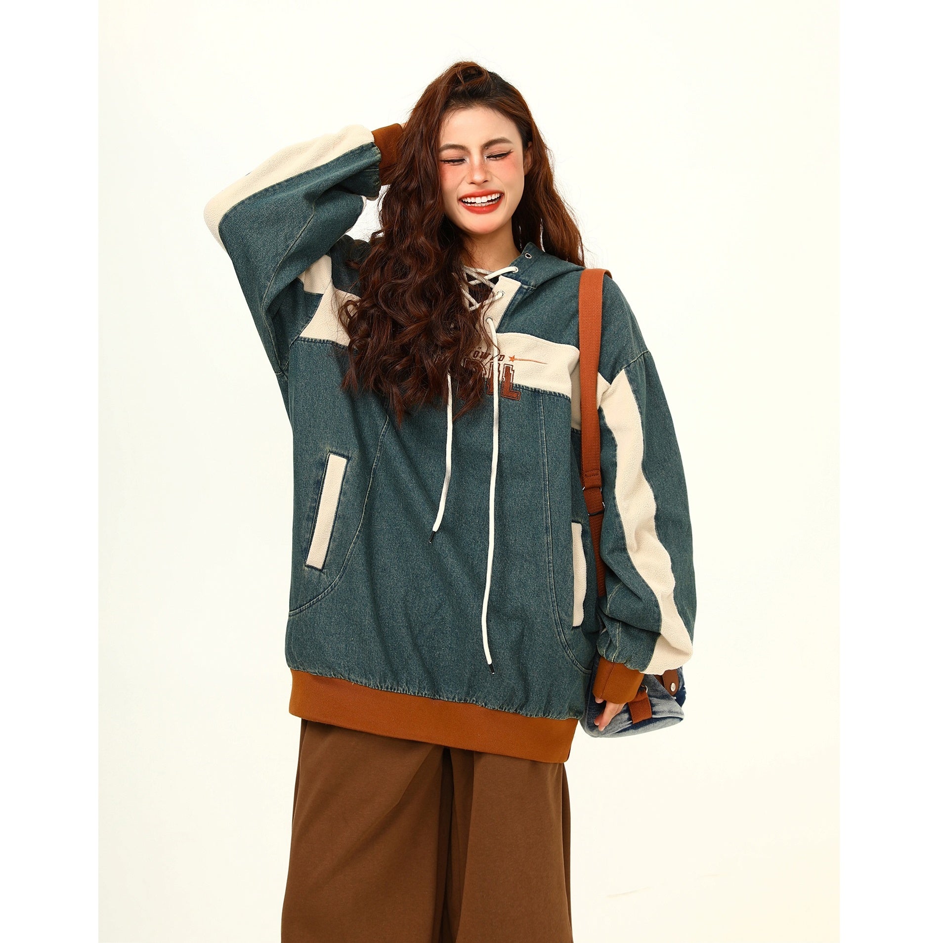 Washed Denim Color-Blocked Design Hoodie MW9488