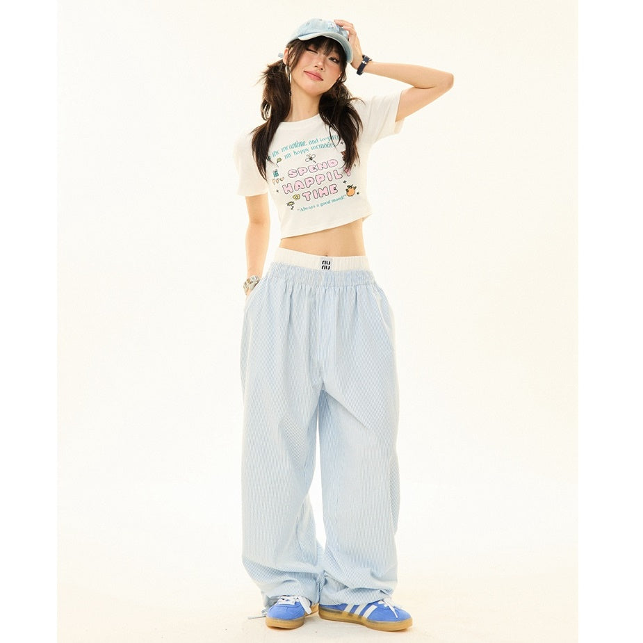 Double Waist Striped Wide-legged Long ＆ Short Pants MW9269