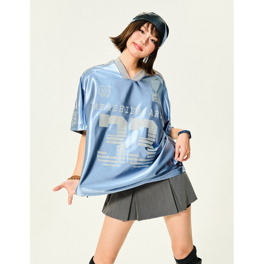 Loose V-Neck Sports Style Shiny T-Shirt YS7003