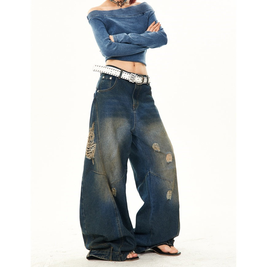 Retro Washed Ripped Stitch Design Loose Jeans YS7007