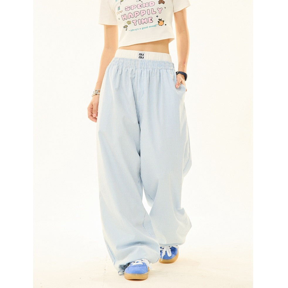 Double Waist Striped Wide-legged Long ＆ Short Pants MW9269