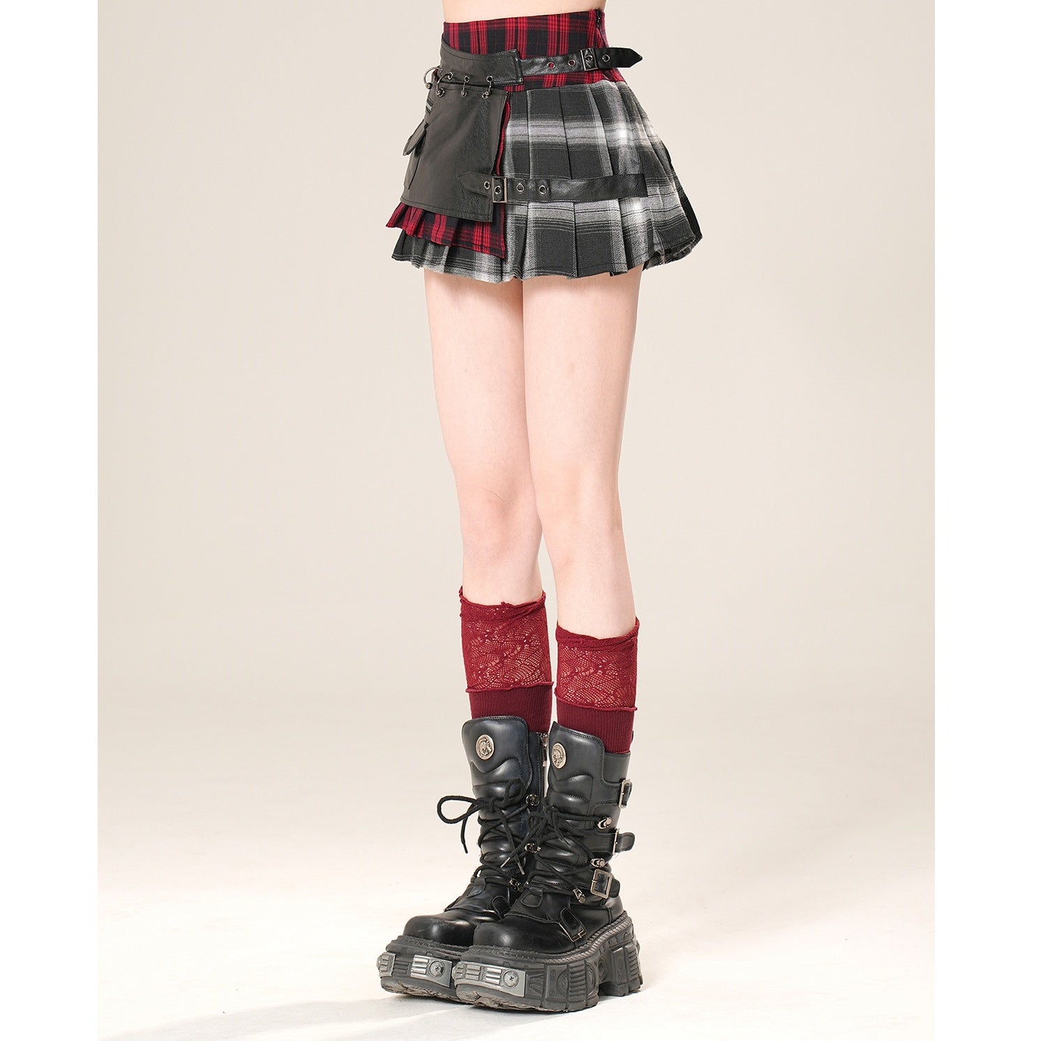 Checked Leather Pleated Short Skirt KK2042