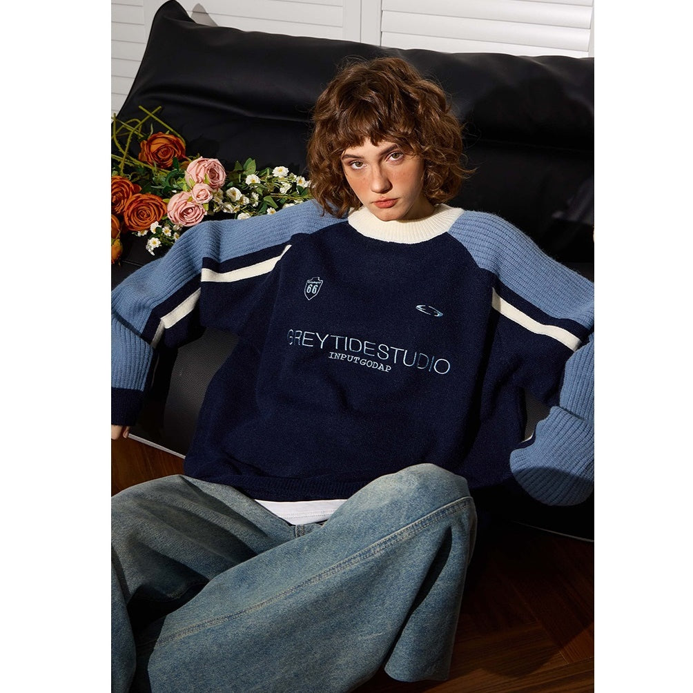 Color Stitching Crew Neck Retro Sweater MW9471