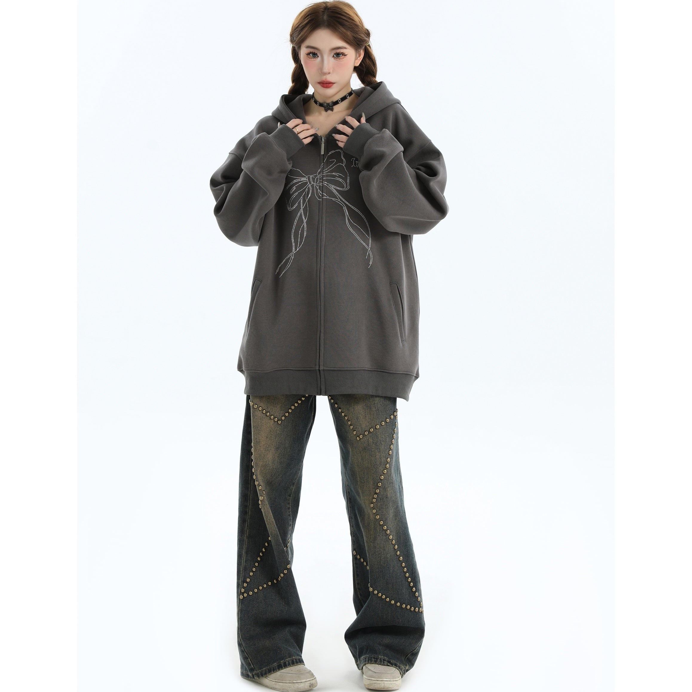 Rhinestone Bow Logo Loose Hooded Zip Parka IN7012