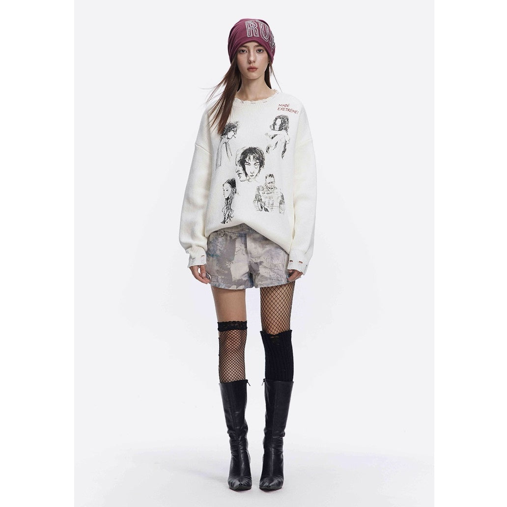 Sketch Print Art Design Loose Damage Sweater MW9617