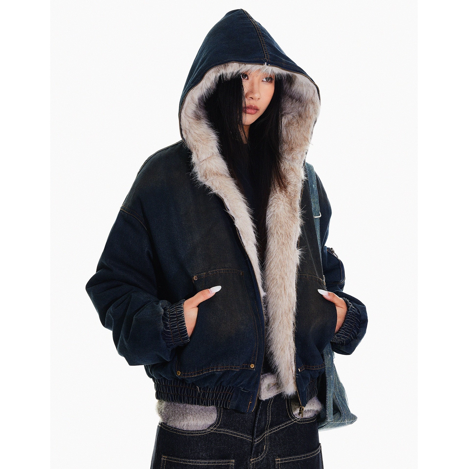 Fur Stitch Denim Hooded Quilting Jacket HG7198