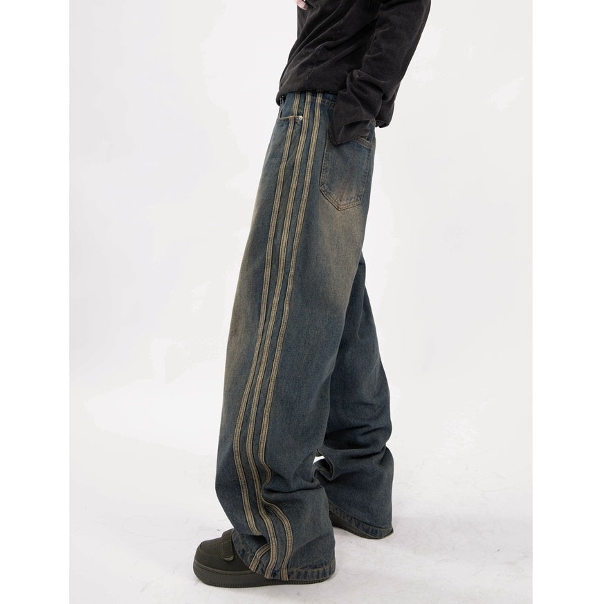 Retro Old Washed Side Line Loose Straight Jeans YS7006