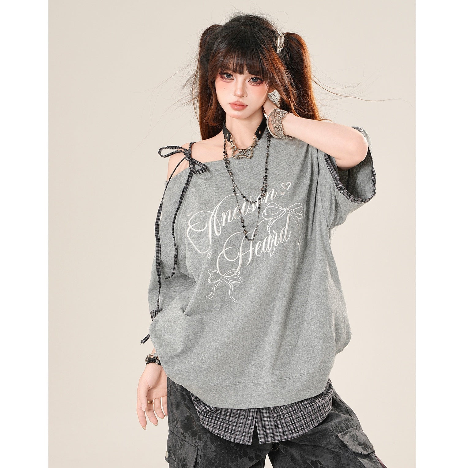 Check-Panelled Loose Neck T-shirt KK2059