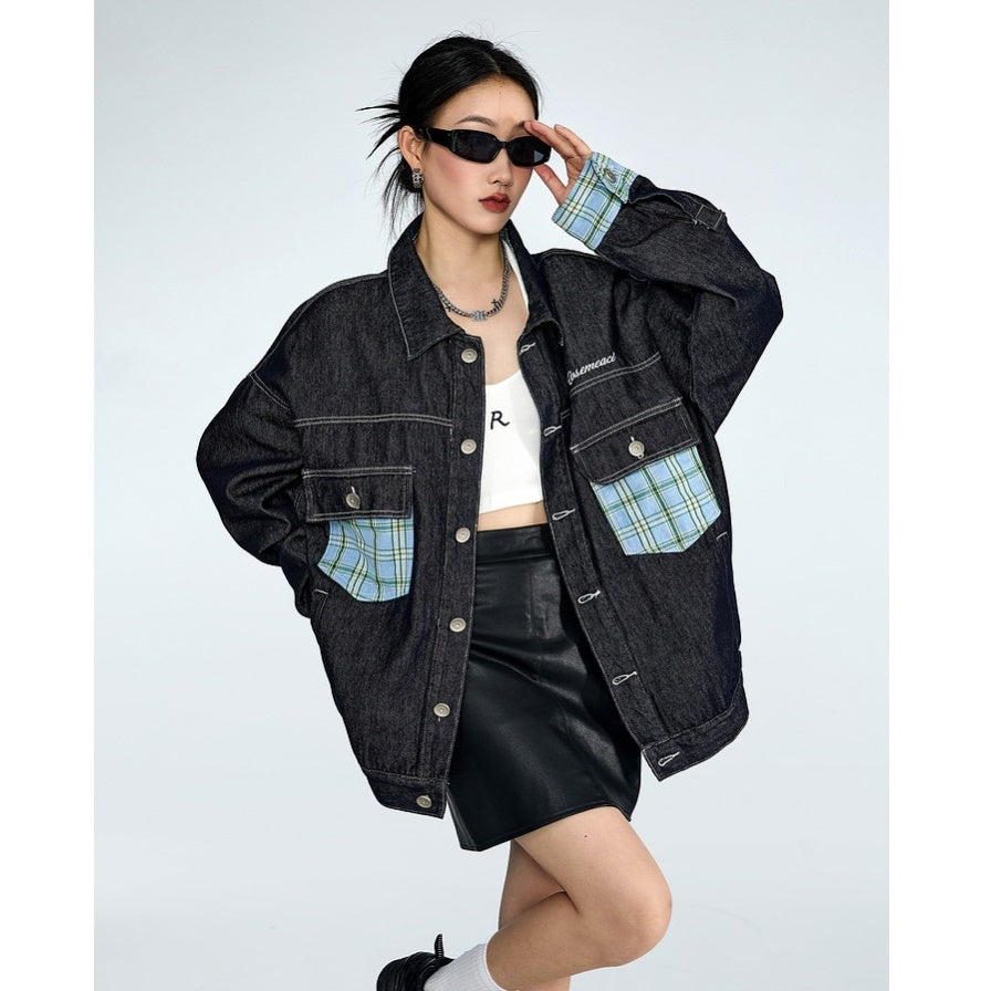 Plaid Patchwork Loose Denim Jacket MW9317