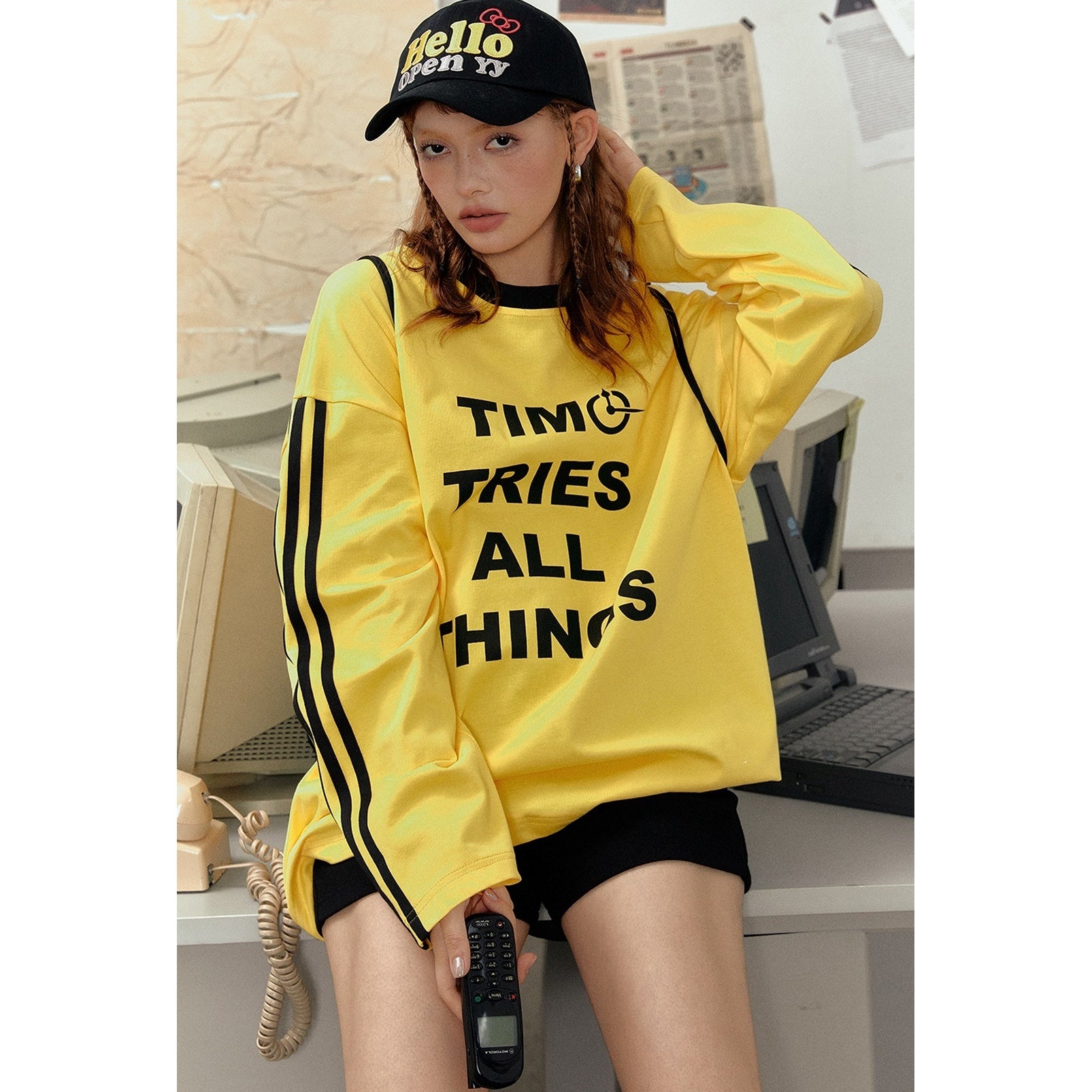 Three-Line Sleeve Letter Print Long T-Shirt EZ119