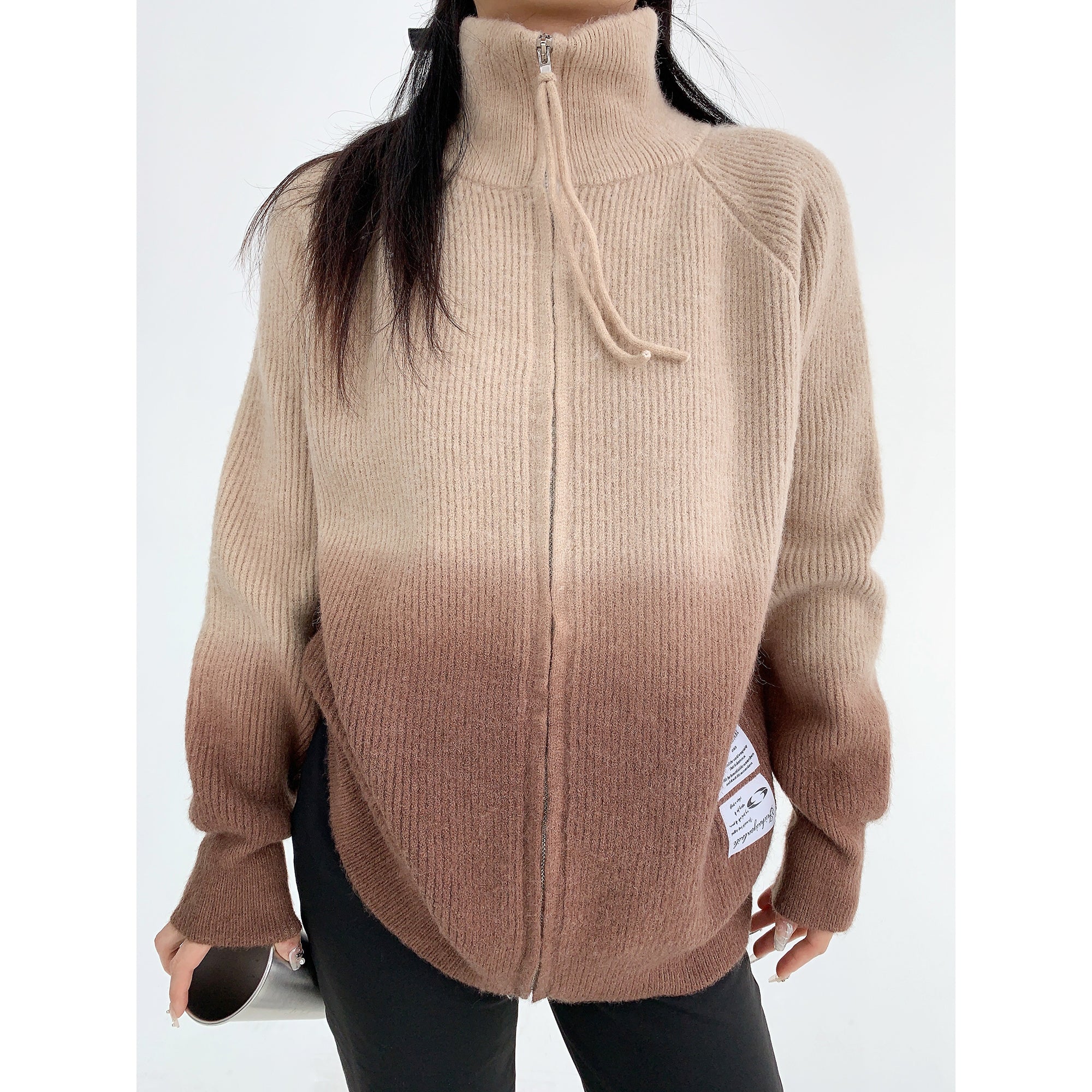 Distressed Gradient HighNeck Knitted Zip Jacket MW9545