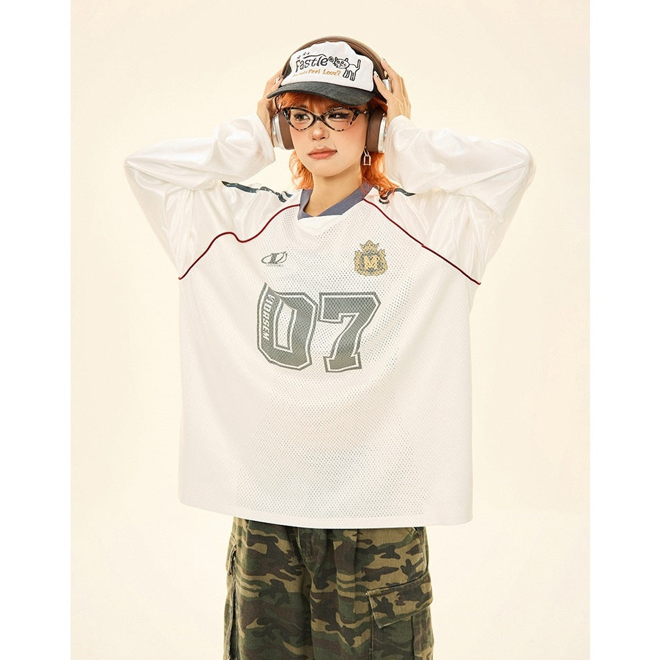 Letter Print Mesh Switching Long Sleeve T-shirt MW9345