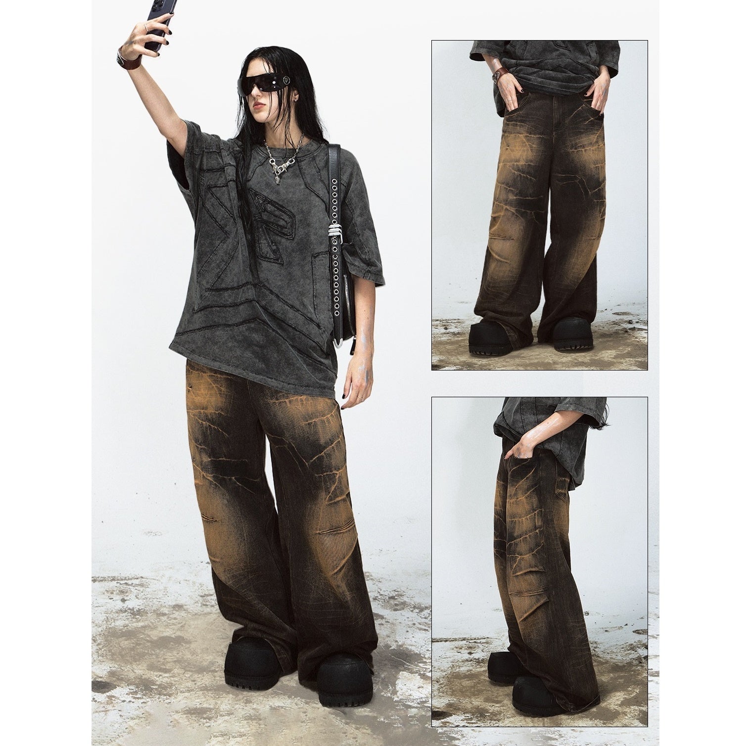 Yellow Mud Dyed Lightning Crack Wide-leg Jeans PS7009