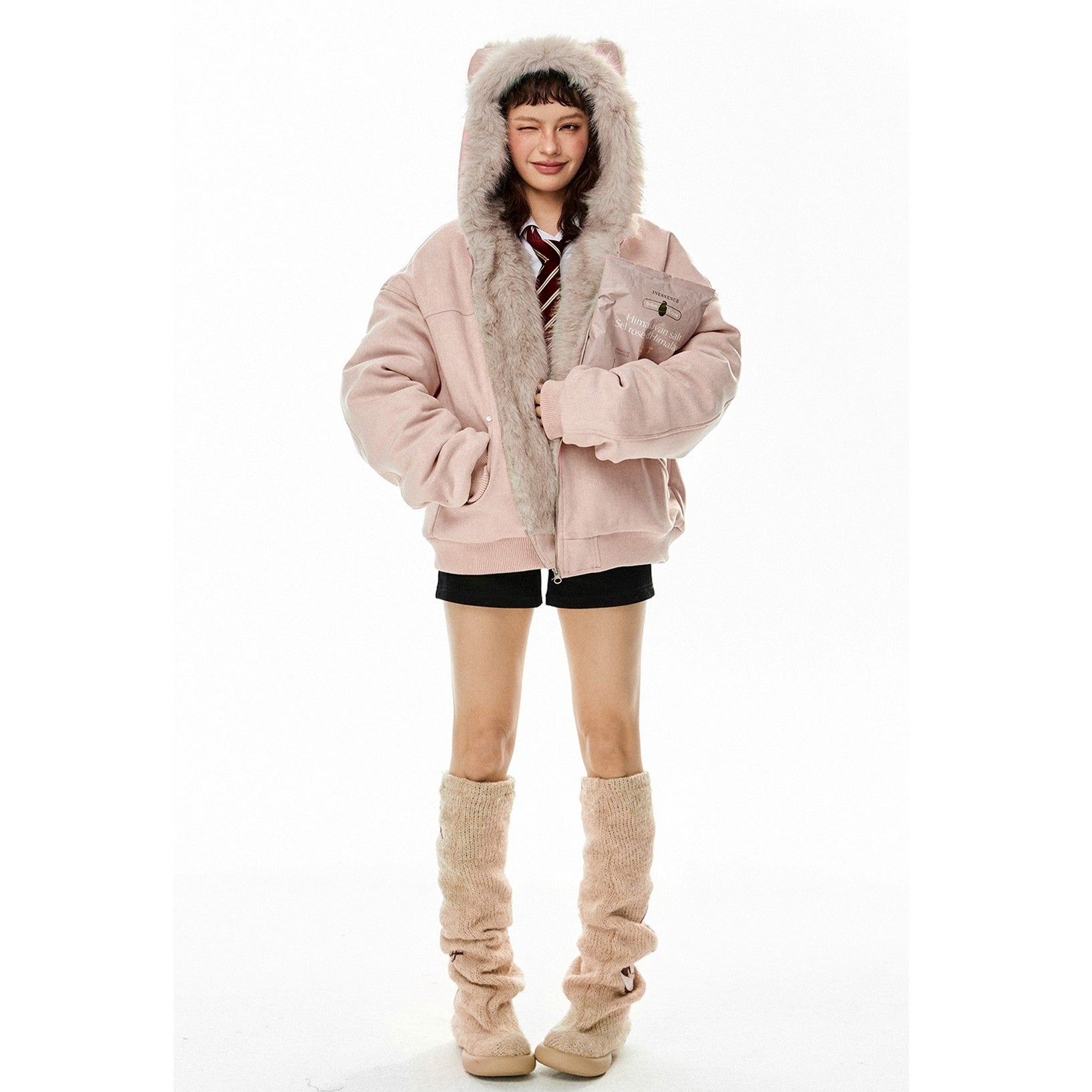 Fur Stitch Cat Ears Hooded Jacket EZ224