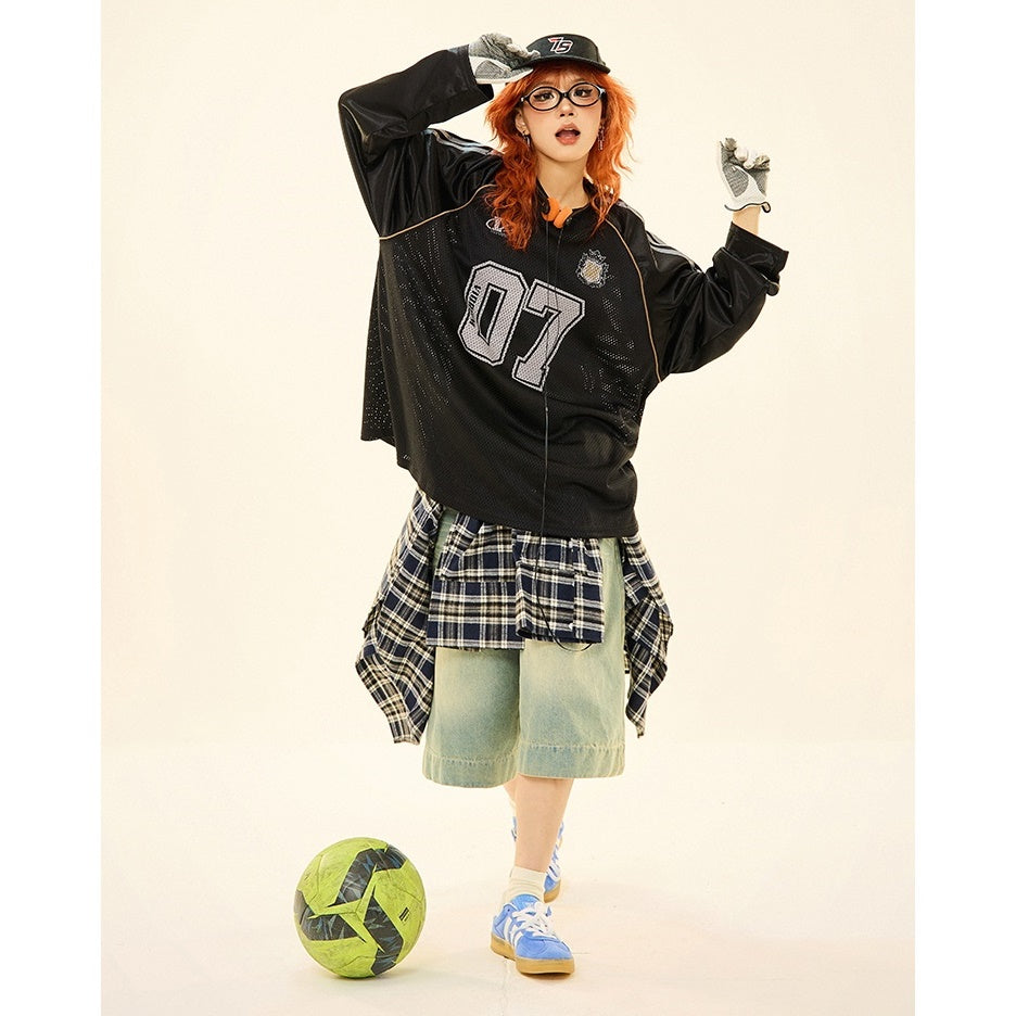 Letter Print Mesh Switching Long Sleeve T-shirt MW9345