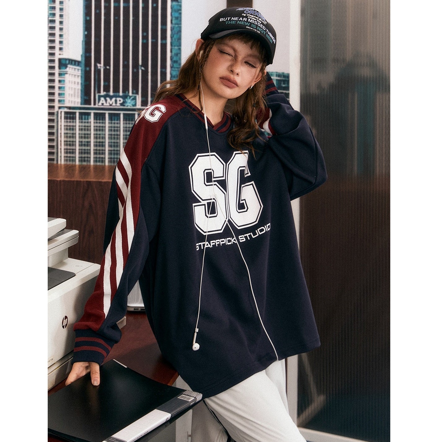 Color-block Sporty Loose V-neck Print Sweat EZ145