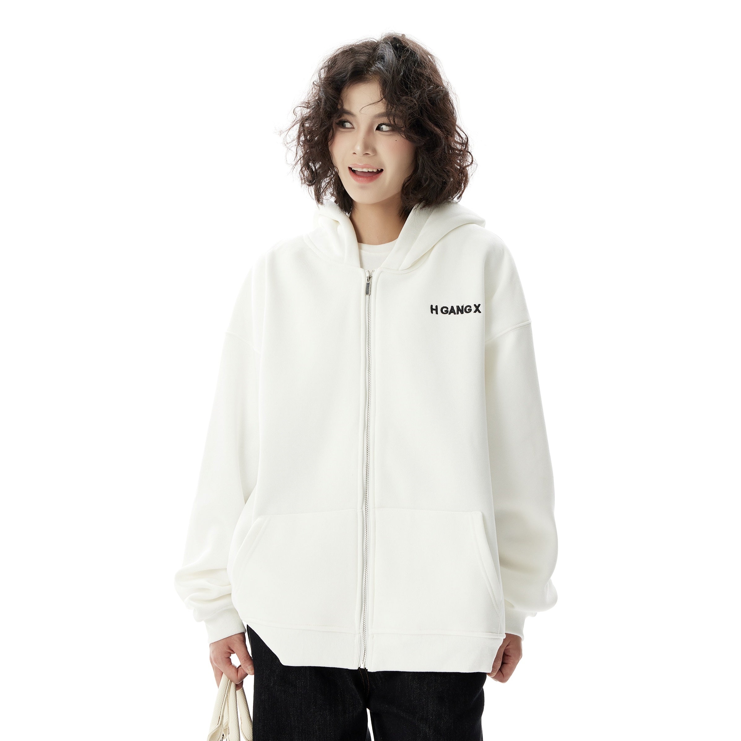 Simple Embroidered ZIP-Up Hooded Parka HG7181