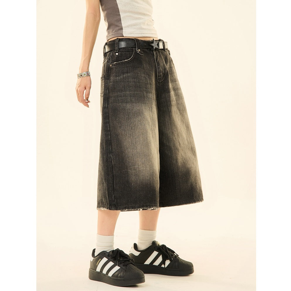 Vintage Wash Distressed Denim Wide-leg Cropped Pants MW9267