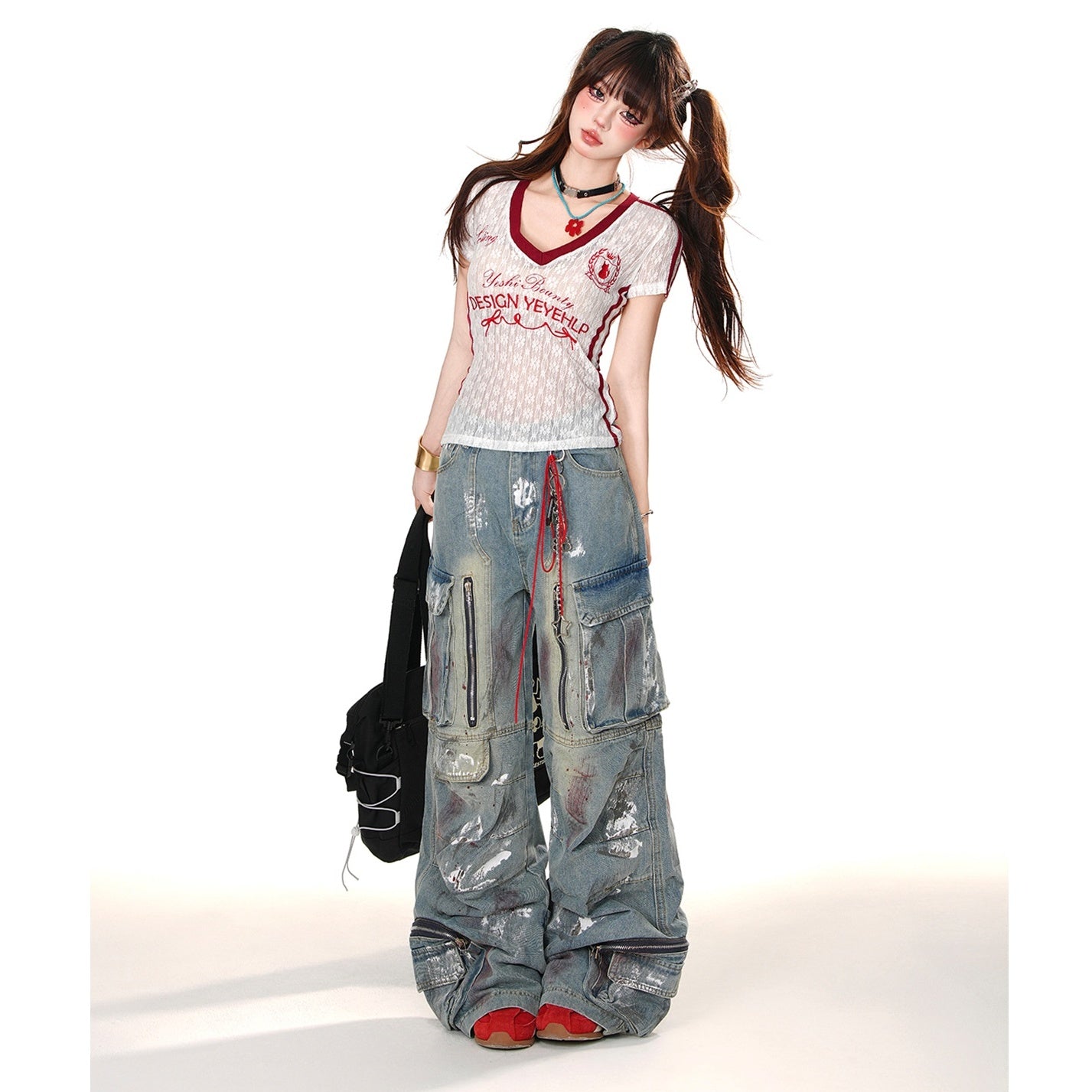 Paint Wide-Leg Zipper Cargo Jeans KK2055