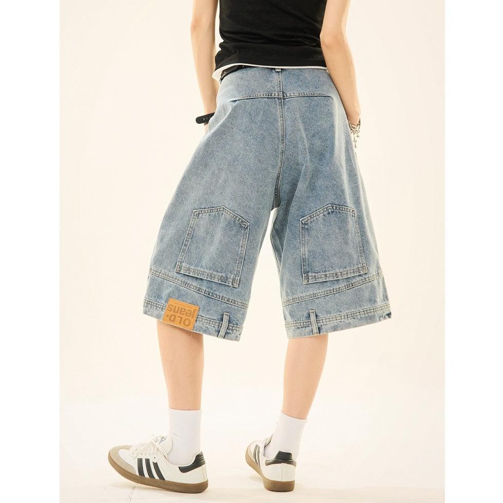 Wash Reverse Design Denim Loose Cropped Pants MW9264