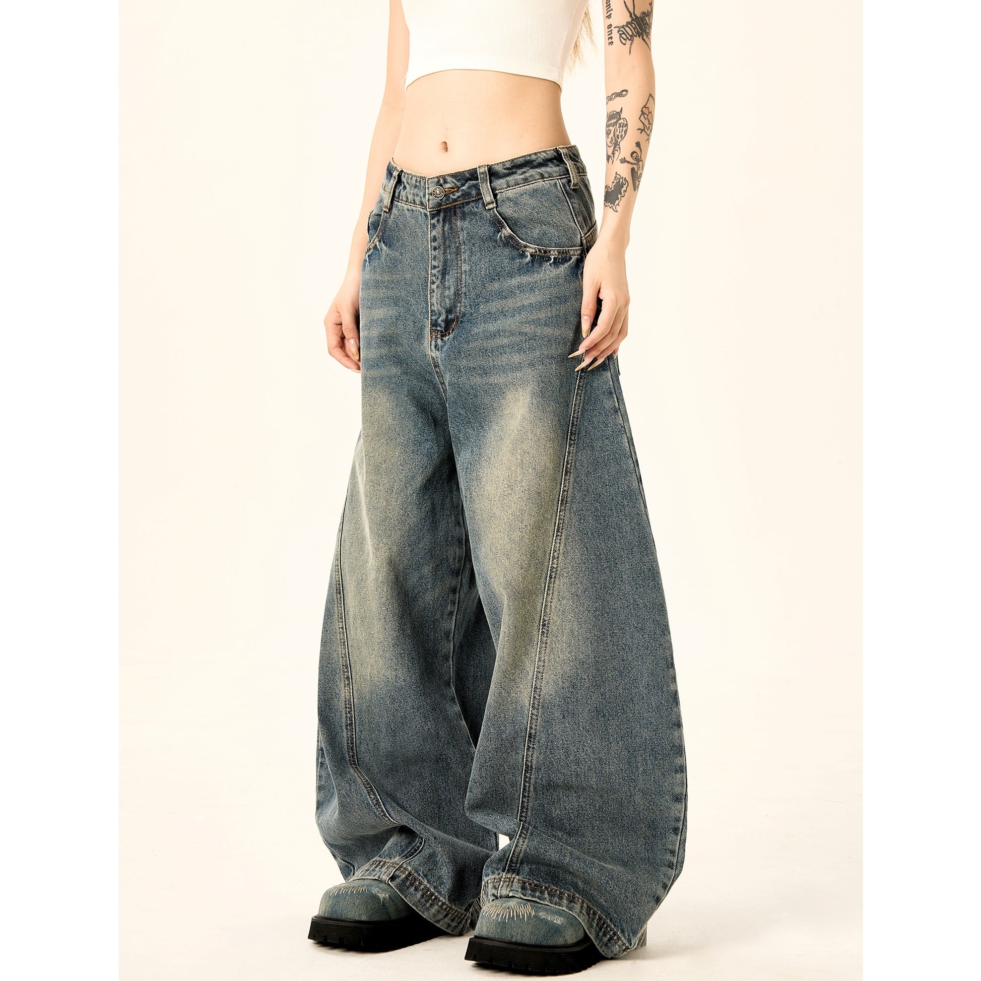 Balloon Wide-leg Switching Wash Jeans HG7125