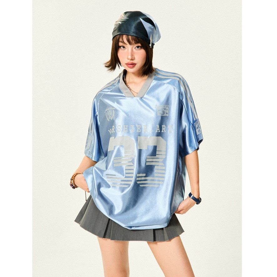 Loose V-Neck Sports Style Shiny T-Shirt YS7003